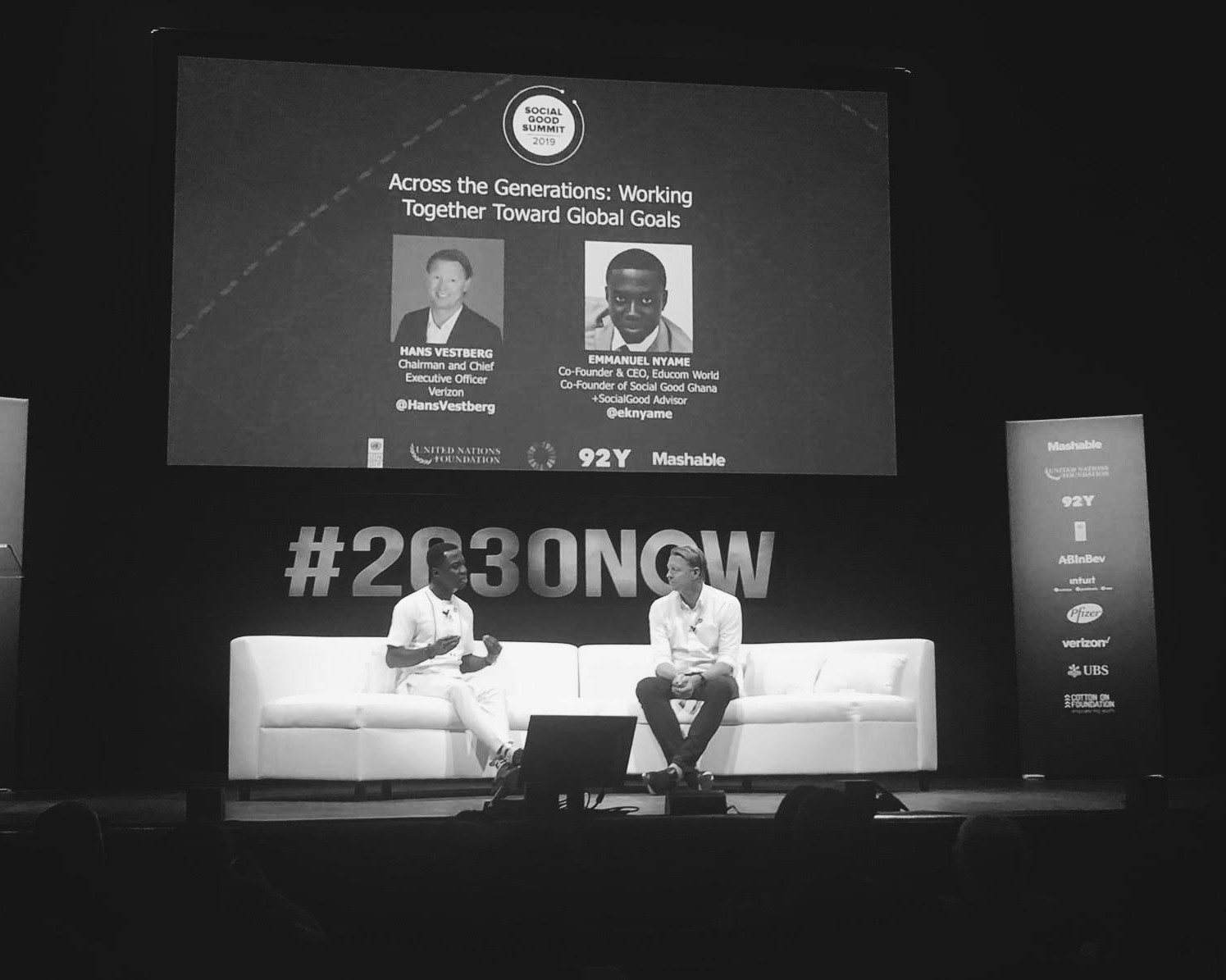 Emmanuel in conversation with Verizon CEO Hans Vestberg on stage at the Social Good Summit 2019, New York